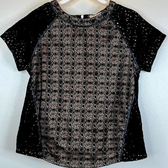 Lucid-Pink Black Lace Overlay Nude Contrast Back Zip Blouse Size Small - Picture 1 of 16
